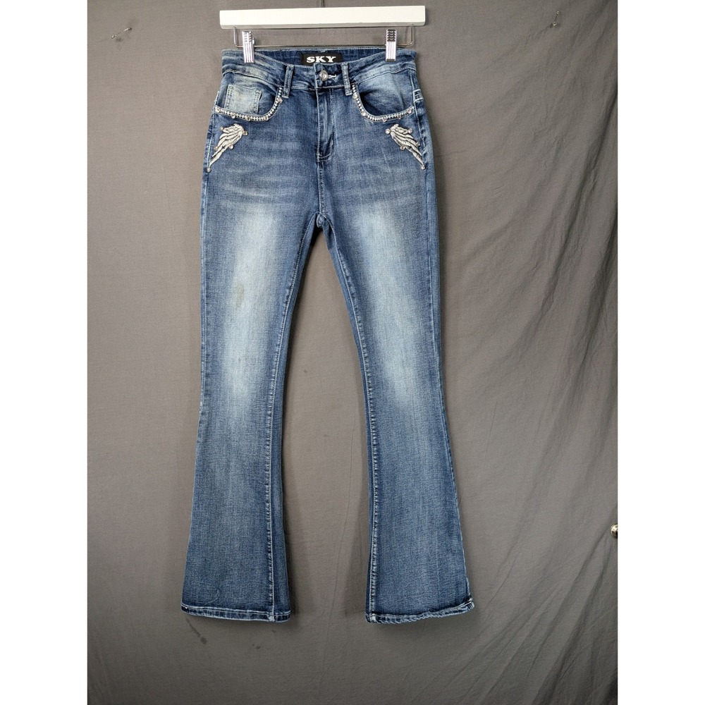 SKY Mid Rise Flare Jeans Wing‎ Skull Rhinestone Blue  Size 7